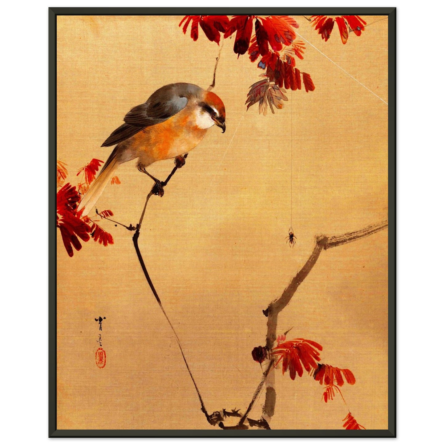 Restaurierter japanischer Kunstdruck, japanischer Vogel auf Ast mit roten Blättern, traditionelle japansiche Kunst, gerahmt.