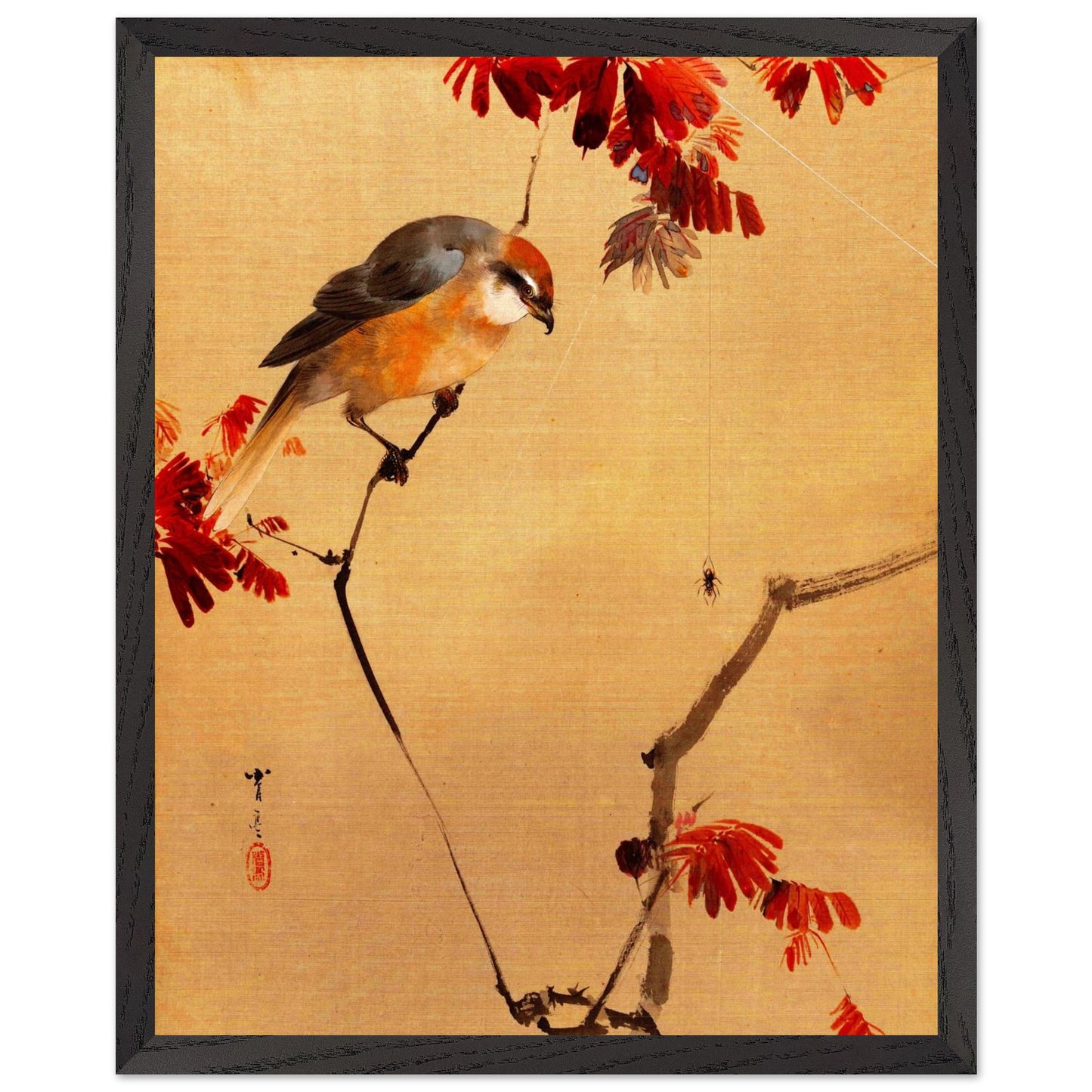 Restaurierter japanischer Kunstdruck, japanischer Vogel auf Ast mit roten Blättern, traditionelle japansiche Kunst, mit schwarzem Holzrahmen gerahmt.