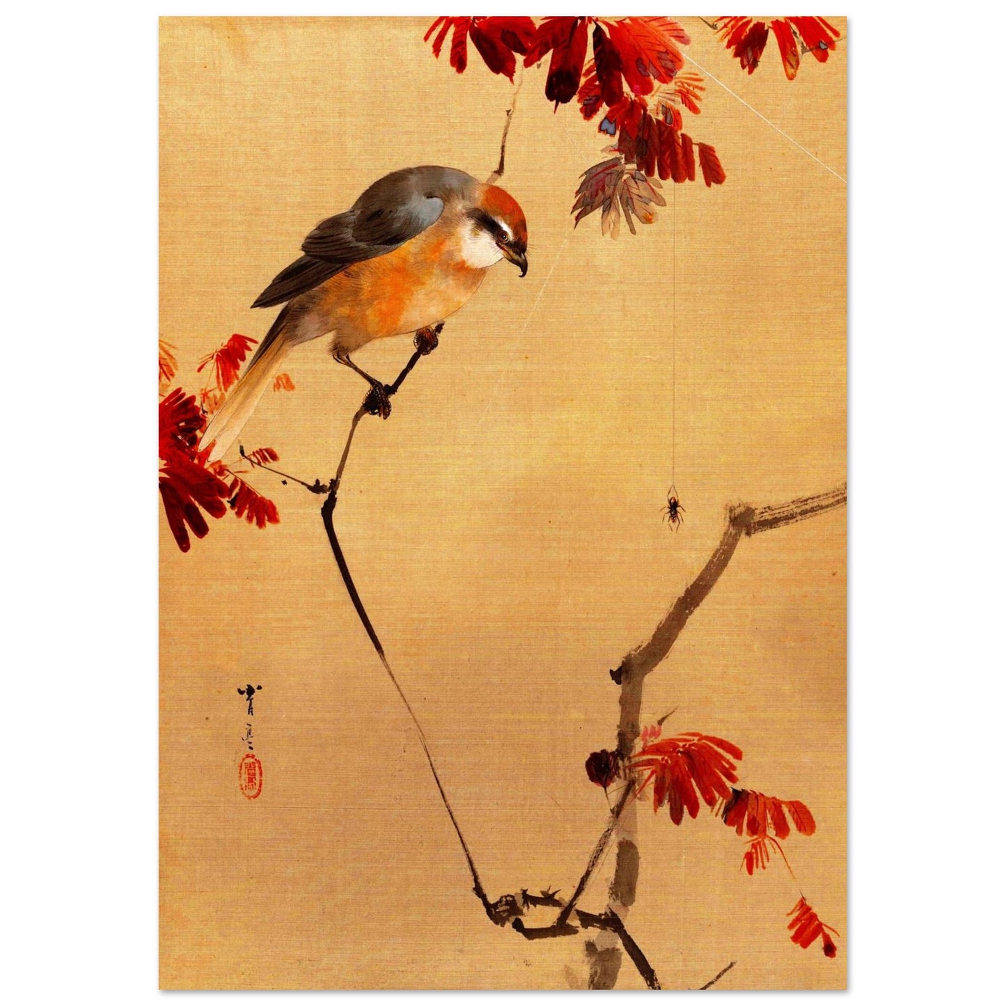 Restaurierter japanischer Kunstdruck, japanischer Vogel auf Ast mit roten Blättern, traditionelle japansiche Kunst, Poster