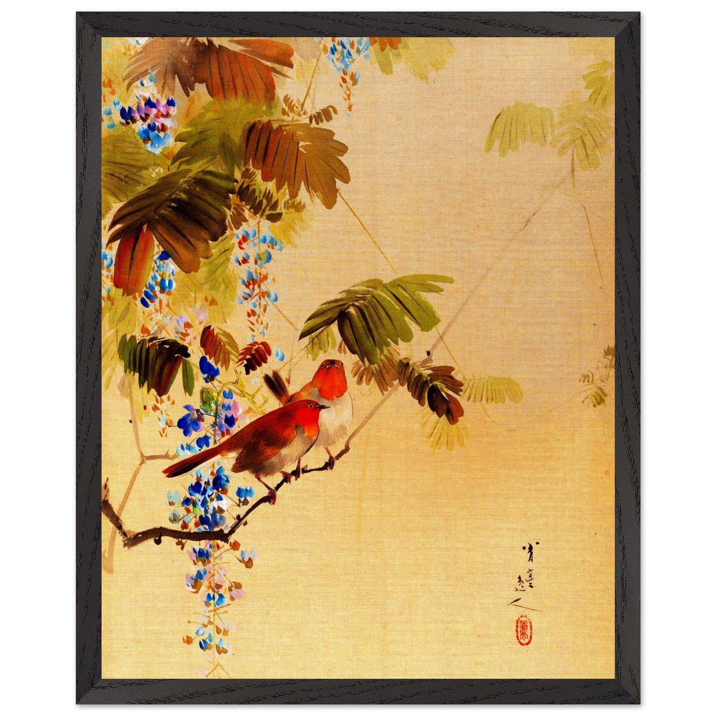 Restaurierter japanischer Kunstdruck von Watanabe Seitei, Japanische Vögel und Blumen, Meiji-Zeit 1887, gerahmt mit schwarzem Holzrahmen.