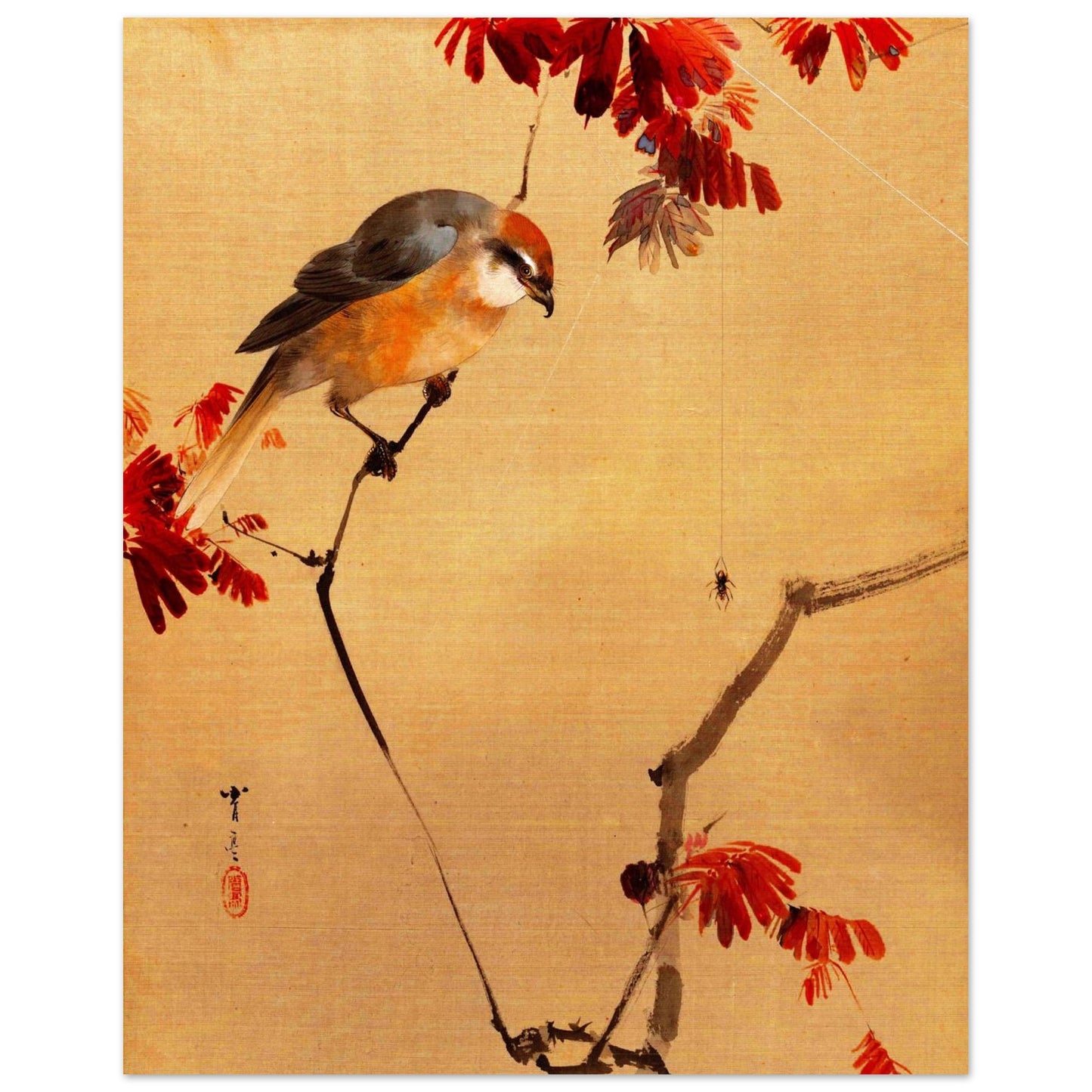 Restaurierter japanischer Kunstdruck, japanischer Vogel auf Ast mit roten Blättern, traditionelle japansiche Kunst, ungerahmt