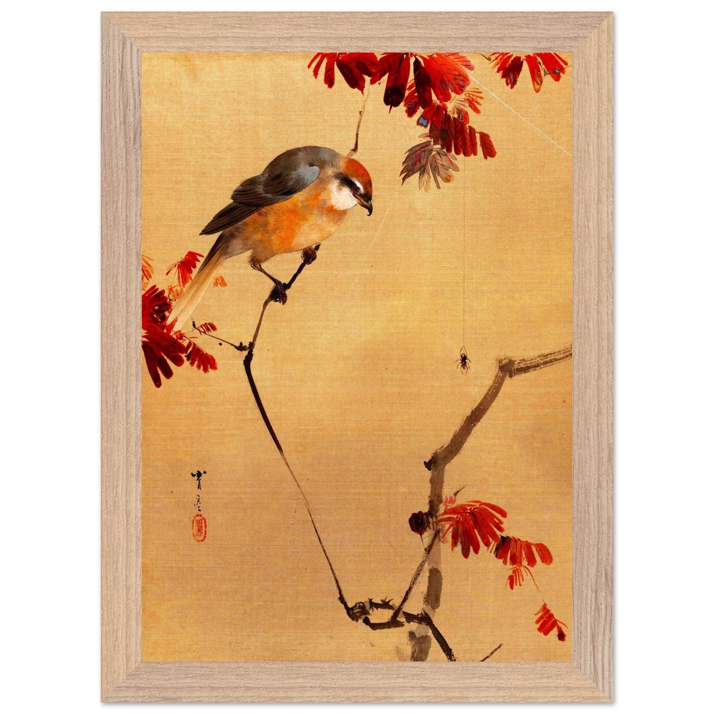 Restaurierter japanischer Kunstdruck, japanischer Vogel auf Ast mit roten Blättern, traditionelle japansiche Kunst, Holzrahmen natur