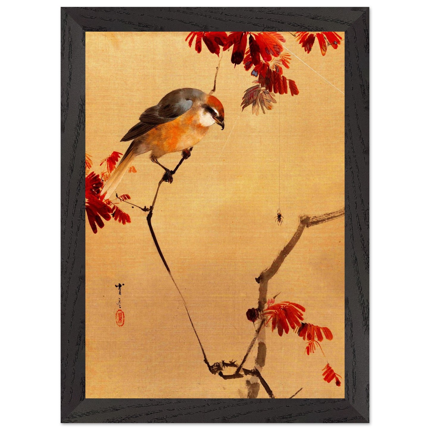 Restaurierter japanischer Kunstdruck, japanischer Vogel auf Ast mit roten Blättern, traditionelle japansiche Kunst, Holzrahmen schwarz
