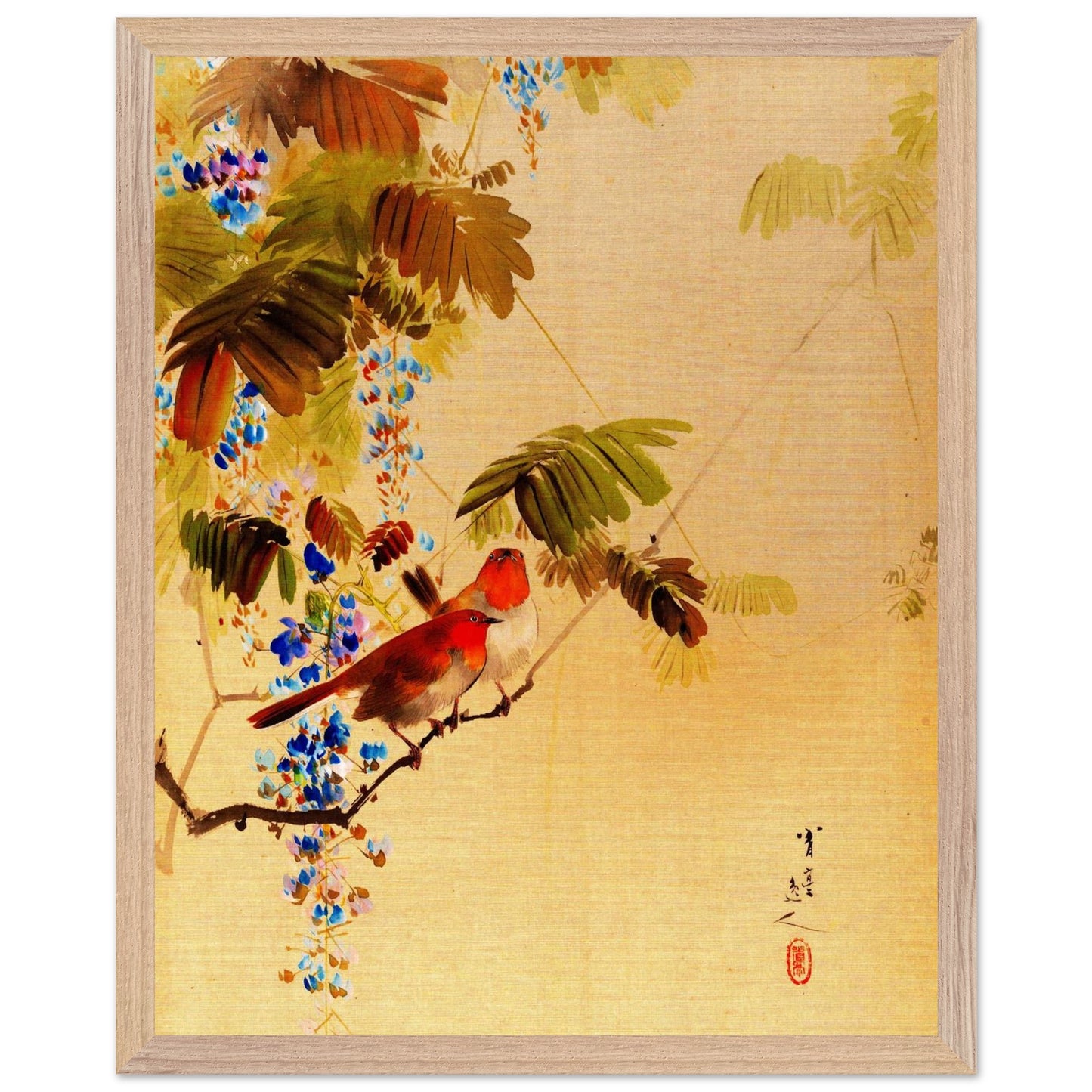 Restaurierter japanischer Kunstdruck von Watanabe Seitei, Japanische Vögel und Blumen, Meiji-Zeit 1887, gerahmt mit holzfarbenem Holzrahmen.