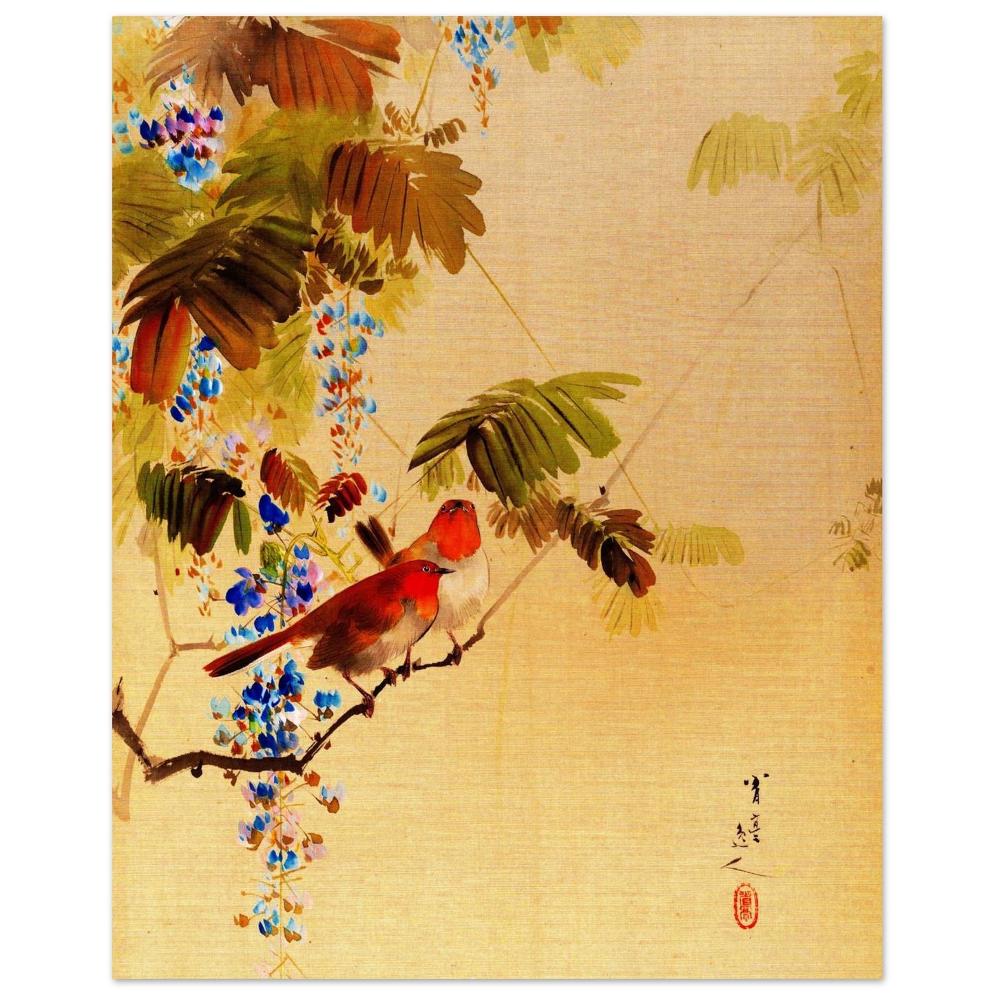 Restaurierter japanischer Kunstdruck von Watanabe Seitei, Japanische Vögel und Blumen, Meiji-Zeit 1887, ungerahmt