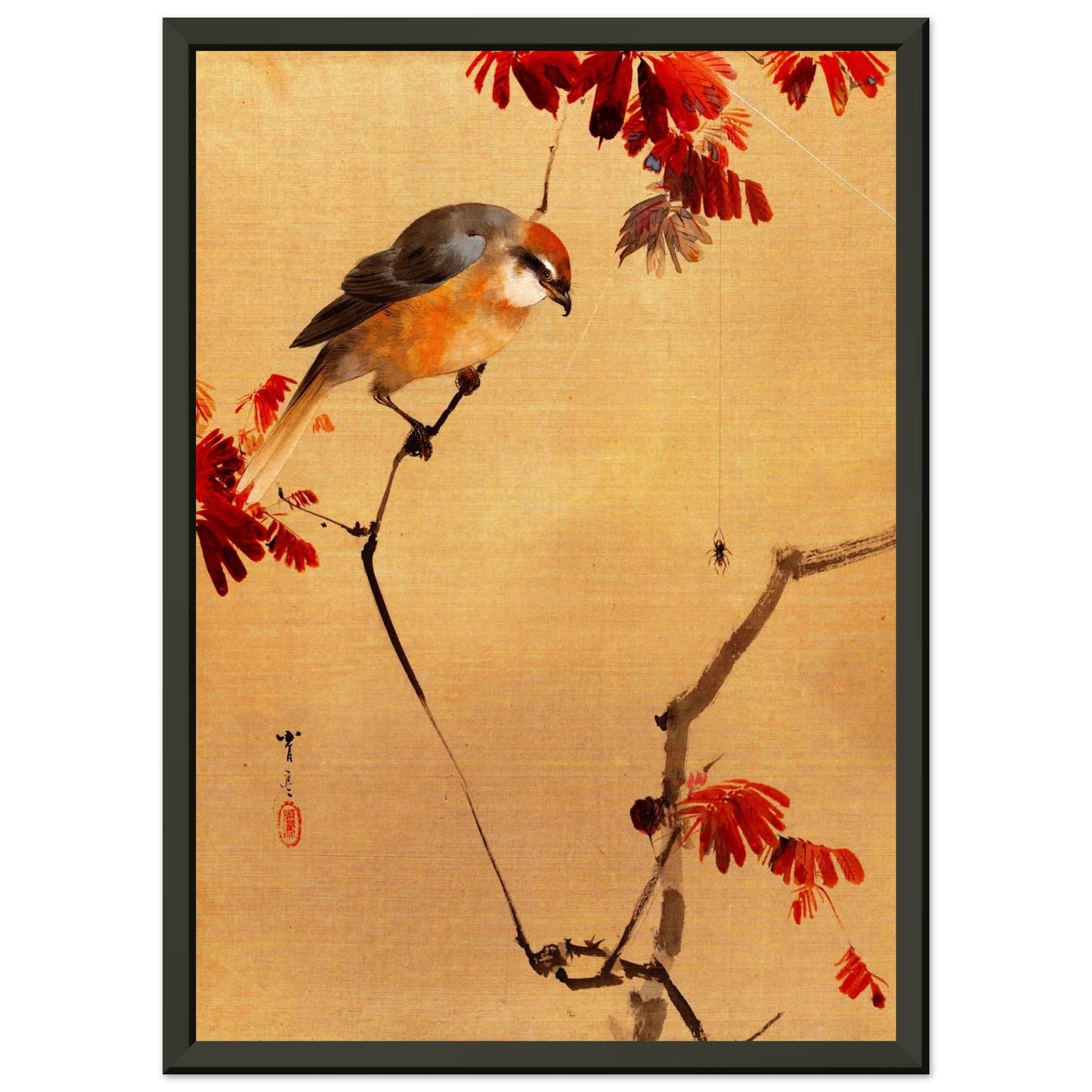 Restaurierter japanischer Kunstdruck, japanischer Vogel auf Ast mit roten Blättern, traditionelle japansiche Kunst, Watanabe Seitei, Meiji-Periode, gerahmt.