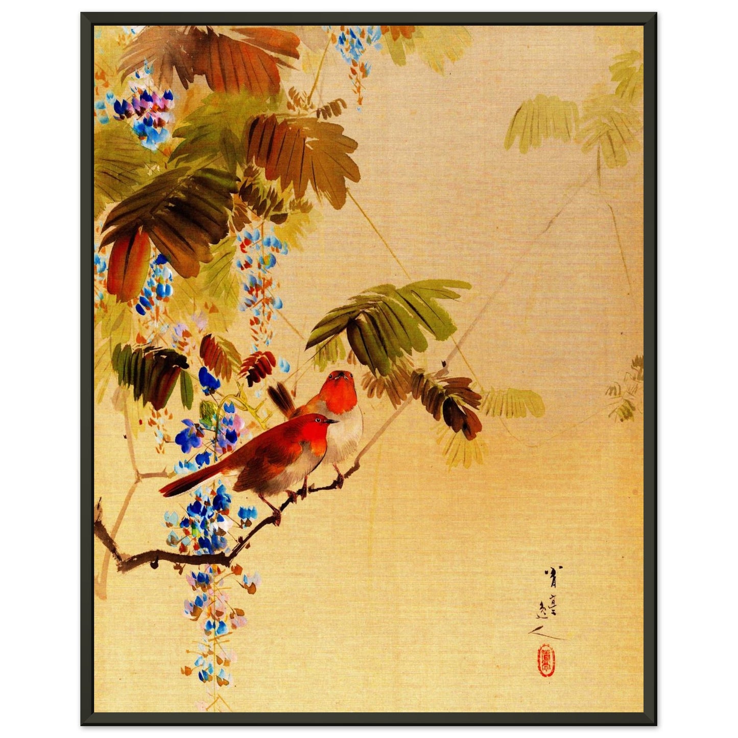 Restaurierter japanischer Kunstdruck von Watanabe Seitei, Japanische Vögel und Blumen, Meiji-Zeit 1887, gerahmt.