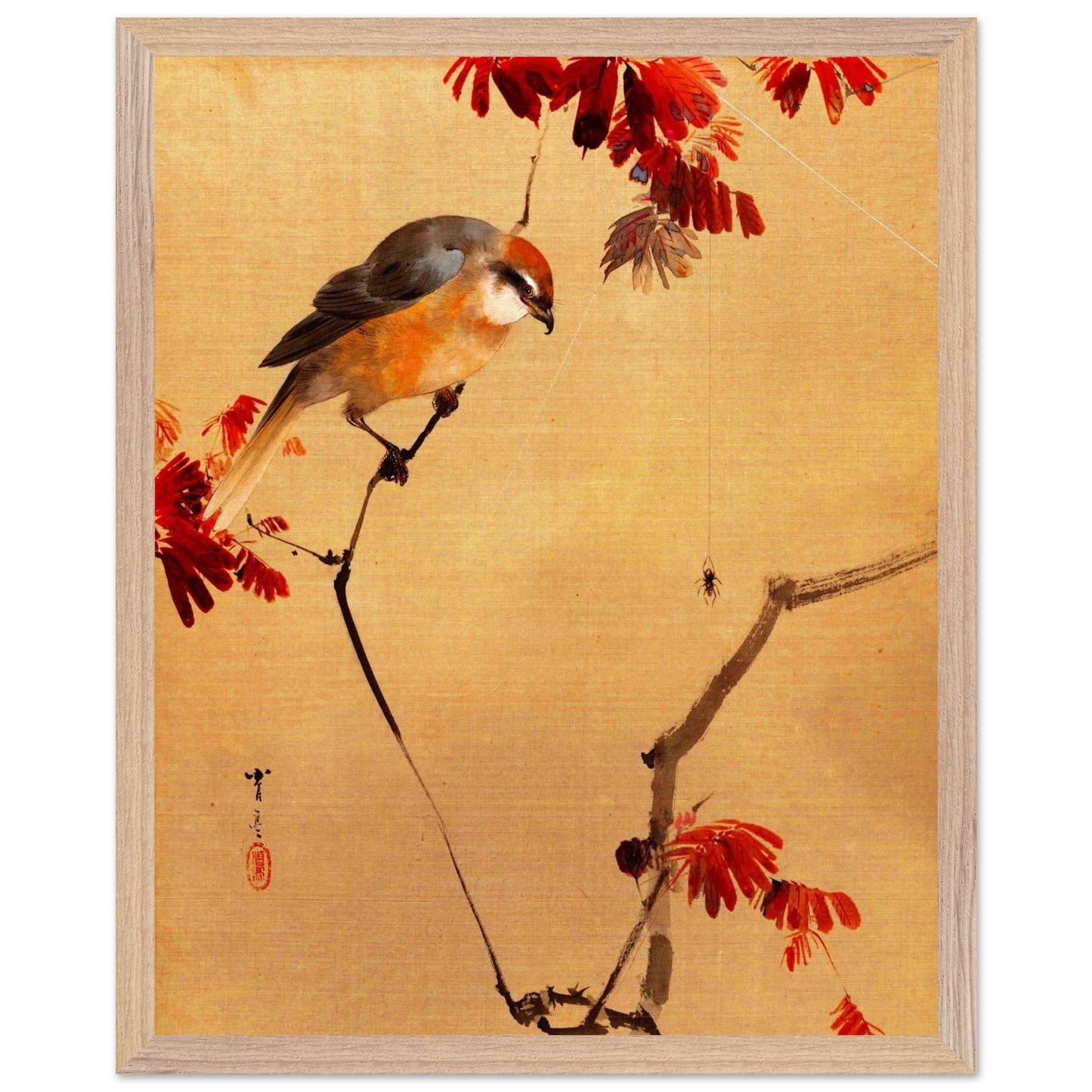 Restaurierter japanischer Kunstdruck, japanischer Vogel auf Ast mit roten Blättern, traditionelle japansiche Kunst, mit holzfarbenem Holzrahmen gerahmt.